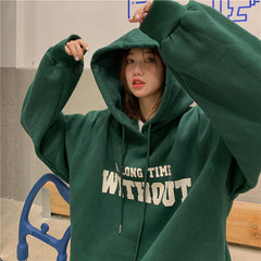 Velvet Padded Hooded Sweatshirt Women's Korean-style Loose