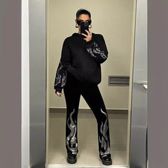 Street Trend Flame Rhinestone Loose Zip Hooded Sweater