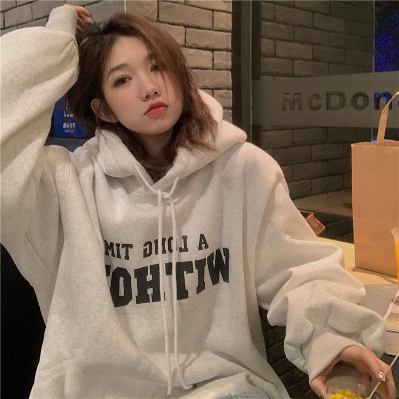 Velvet Padded Hooded Sweatshirt Women's Korean-style Loose