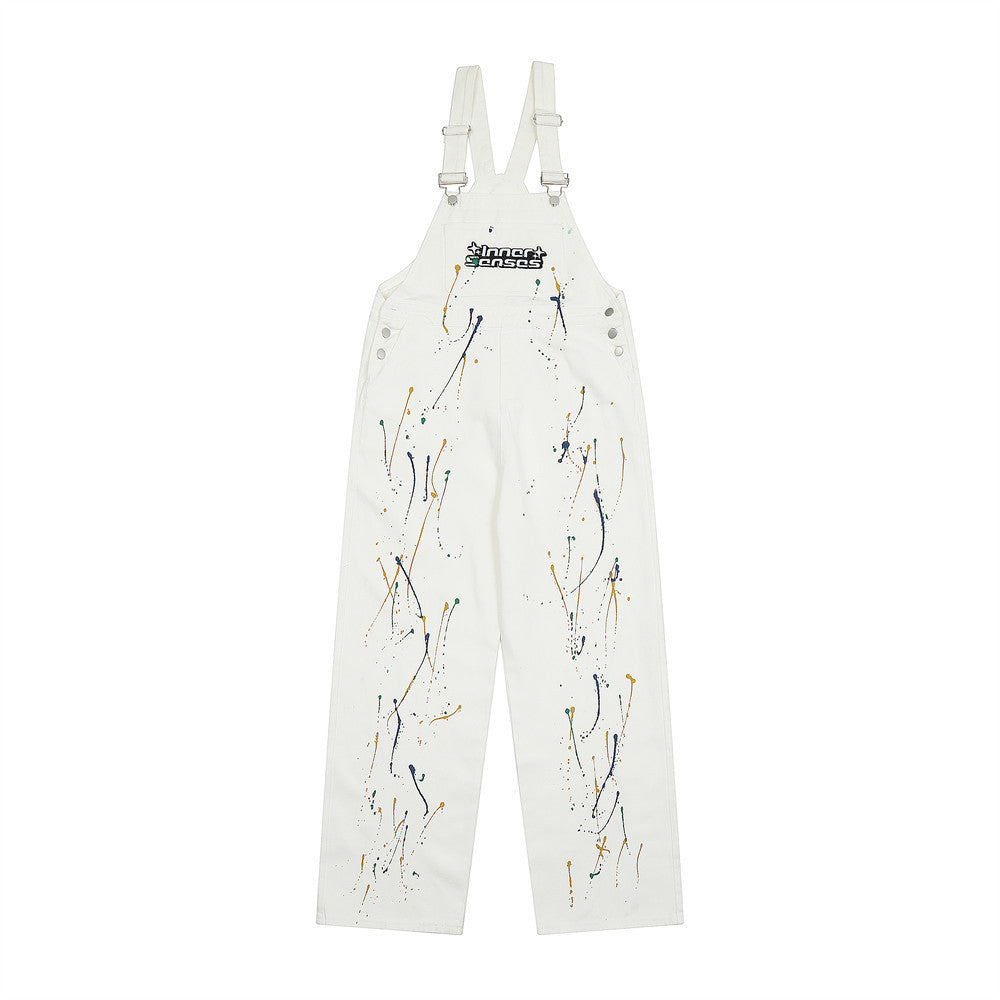 Letter Embroidery Denim Suspender Pants Men