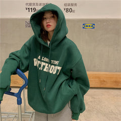 Velvet Padded Hooded Sweatshirt Women's Korean-style Loose